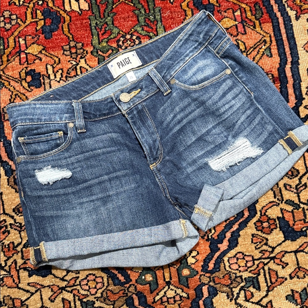 PAIGE Distressed Blue Jean Shorts